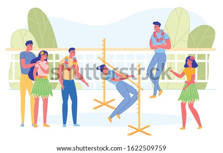 People Dancing Limbo Outdoor Flat Cartoon Vector Illustration. Competing in Contest with Friends. Woman Passing Forwards under Low Bar without Falling. Boys and Girls Cheering her.