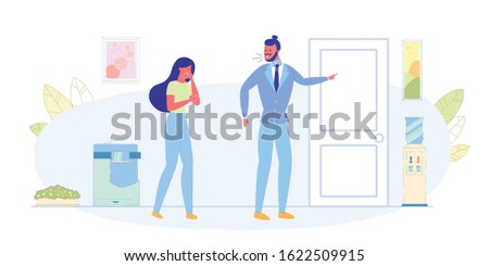 Angry Boss, Job Dismissal, Losing Work Flat Vector Concept. Angry Boss Screaming on Crying Woman, Businessman Arguing on Female Employee, Pointing on Door and Throwing Bad Worker Out Illustration