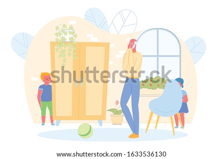 Children Playing Hide and Seek with Grandfather at Home Flat Cartoon Vector Illustration. Girl Hiding behind Chair, Boy near Wardrobe. Old Man Closing Eyes with his Hands. Funny Leisure.