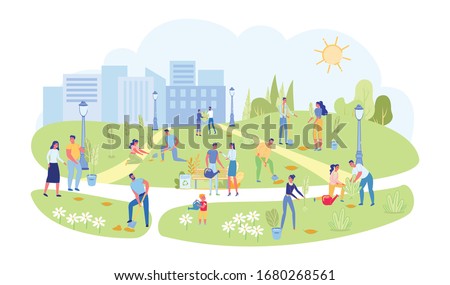 Volunteers and Active Citizens Engaged in Landscaping and Greening City Park. Spring Beautification in Town Garden. People Cartoon Characters Planting Trees and Bushes. Flat Vector Illustration.