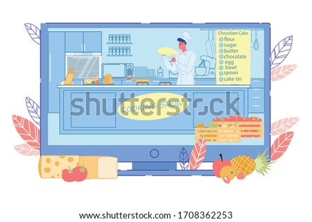 Cooking Show Broadcasting on TV-Set Screen. Online TV Program about Baking Chocolate Cake. Master Chef Cook Twisting Pancake on Hand. Pan Heating on Stove. Kitchen Studio Interior. Vector Illustration