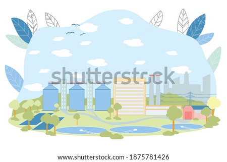 Treatment Facilities Vector Illustration. Waste Water Cleaning Facility with Round Reservoir Pool. Sewage Treatment Cleaning Construction. Sedimentation Primary Process. Wastewater Recycle Imagine de stoc © 