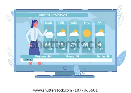 Week Weather Forecast in Country and World. Television News and Announcement. Woman Newsreader Reporter at Work on TV-Set Screen. Anchorwoman Presenting Meteorology Newscast. Vector Illustration