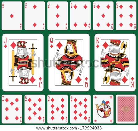 Playing cards diamond suit, joker and back. Faces double sized. Green background in a separate level 