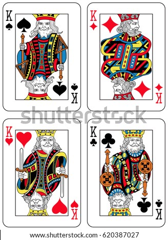 Four Kings figures inspired by playing cards french tradition. All the figures are inside a playing card frame