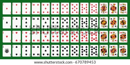 Poker playing cards, full deck. Green background in a separate layer