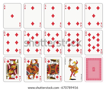 Playing cards, diamond suit, joker and back