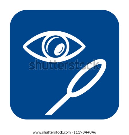 Vector monochrome flat design icon of magnifying glass.  Blue isolated eye and loupe symbol.