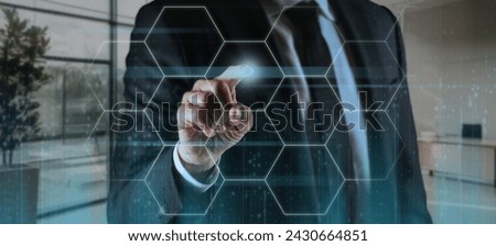 Similar – Image, Stock Photo Businessman finger touch  virtual screen digital podcast. Technology internet online Concept.