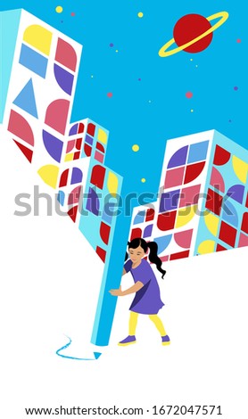 Education in the Future - girl holding a pencil and drawing a new city