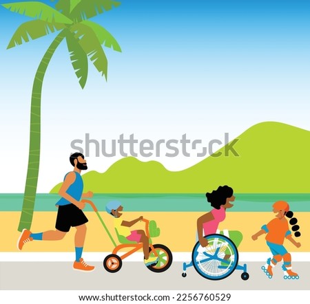 inclusive daily life - Vector illustration depicting an inclusive family running together on a beach boardwalk, with the mother in a wheelchair keeping up with the pace