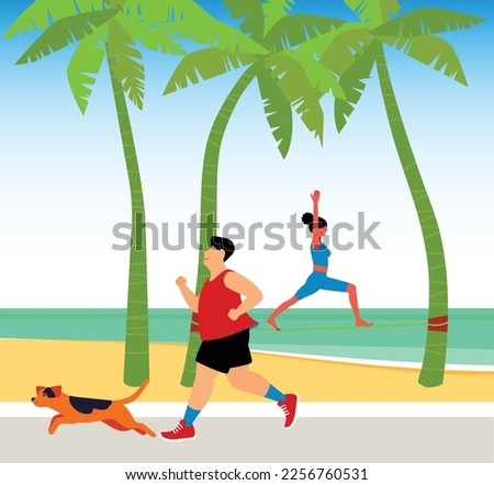 inclusive daily life - Vector Illustration of a plus-size man jogging on the boardwalk of a sunny tropical beach with his dog and a girl practicing slacklining in the background