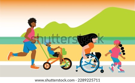 Inclusive Daily Routine - Vector of mother in a wheelchair running with inclusive family on the beach boardwalk