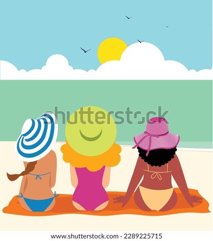 Inclusive Daily Routine - Three friends sitting on the beach sand looking out at the sea - white, latina and black woman - body positive