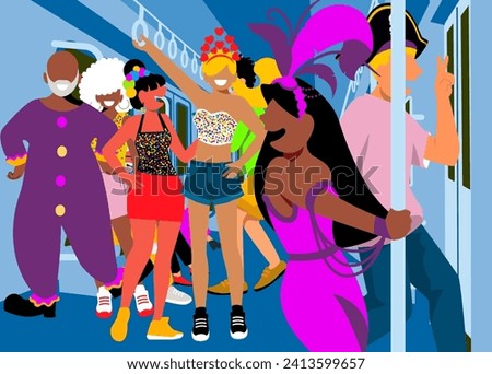 Brazilian Carnival - Diversity - Costumed revelers inside the metro during the street carnival