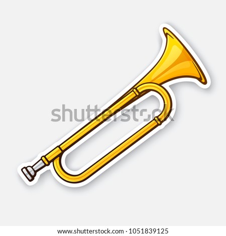 Vector illustration. Classical music wind instrument horn. Blues, funk or jazz musical equipment. Sticker with contour. Isolated on white background