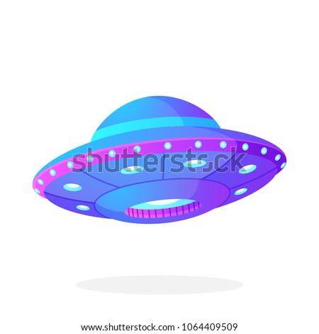 Vector illustration in flat style. Ultra violet UFO with lights. Alien space ship. Futuristic unknown flying object. Isolated on white background