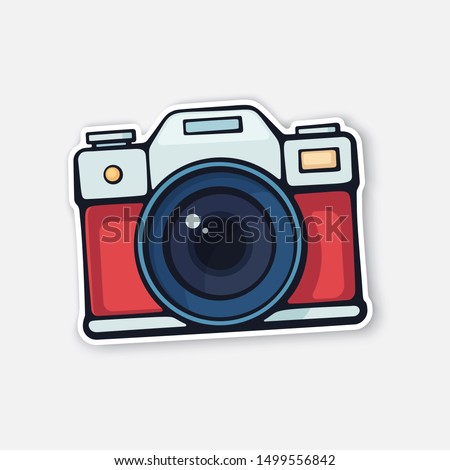 Vector illustration. Cute film retro photo camera. Modern digital device with lens in vintage style. Sticker with contour. Isolated on white background