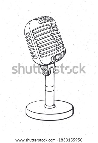 Monochrome retro microphone for voice, music, sound, speak, radio recording. Outline. Vector illustration. Jazz, blues, rock vintage mic. Hand drawn sketch. Isolated white background