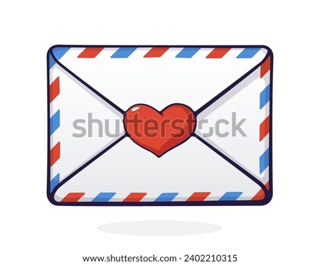 Closed mail white envelope with Wax red heart. Symbol of communication and love. Vector illustration. Hand Drawn Cartoon Clipart with Outline. Isolated on white background