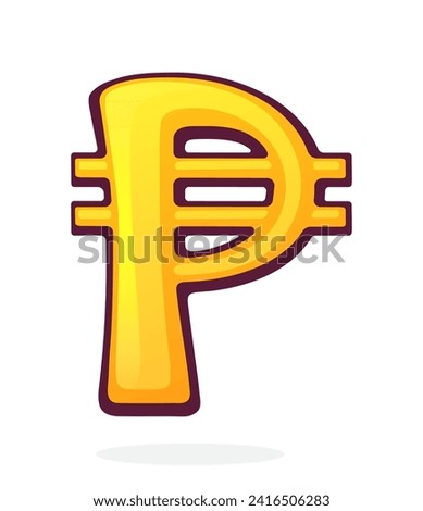 Golden Peso Sign. Philippine Currency Symbol. Vector illustration. Hand drawn cartoon clip art with outline. Graphic element for design. Isolated on white background