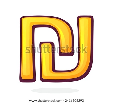 Golden Shekel Sign. Israeli Currency Symbol. Vector illustration. Hand drawn cartoon clip art with outline. Graphic element for design. Isolated on white background