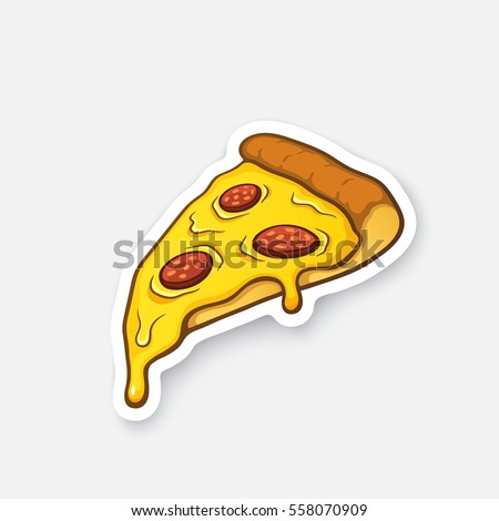 Vector illustration. Pizza slice with melted cheese and pepperoni. Cartoon sticker in comic style with contour. Decoration for greeting cards, posters, patches, prints for clothes, emblems