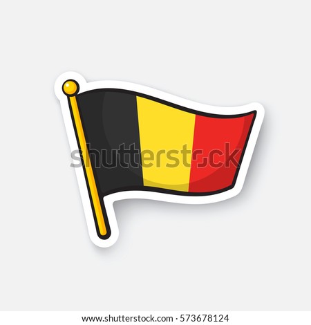 Vector illustration. Flag of Belgium on flagstaff. Location symbol for travelers. Cartoon sticker with contour. Decoration for greeting cards, posters, patches, prints for clothes, emblems