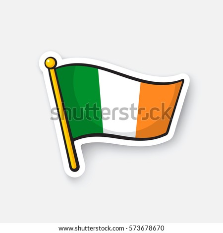 Vector illustration. Flag of Ireland on flagstaff. Location symbol for travelers. Cartoon sticker with contour. Decoration for greeting cards, posters, patches, prints for clothes, emblems