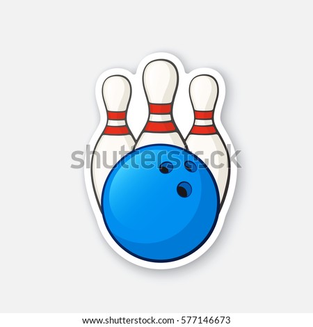 Vector illustration. Blue bowling ball and pins. Sports equipment. Cartoon sticker in comics style with contour. Decoration for greeting cards, posters, patches, prints for clothes, emblems