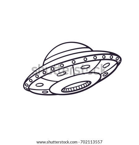 Vector illustration. Silhouette of toy UFO space ship. Alien space ship. Futuristic unknown flying object. Isolated  pattern on white background
