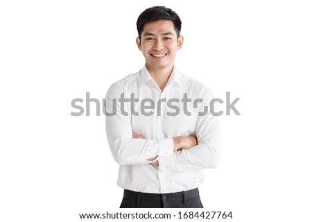 Young, handsome and friendly face man smile, dressed casually with happy and self-confident positive expression with crossed arms on white background studio shot. Concept for good attitude boy.