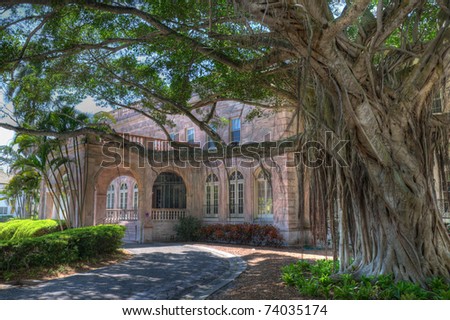 Main entrance of Charles & Edith Ringling\'s winter retreat, showcasing a majestic Banyan tree and beautiful color of the marble construction.  This building now houses offices for New College of Fl.