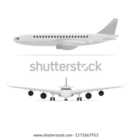 Flat vector Airplane in all points of view. Airliner front view, Airliner side view. Vector illustration.