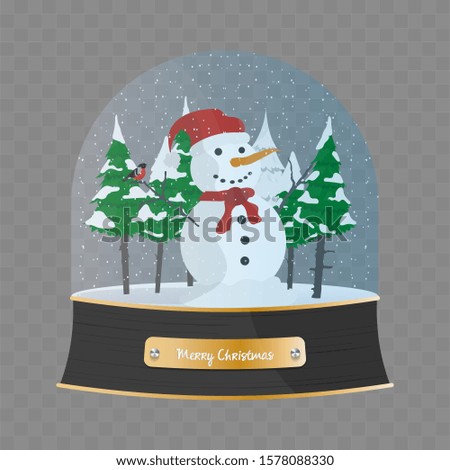 Merry Christmas glass ball with a snowman and Christmas trees in the snow. Snow globe vector