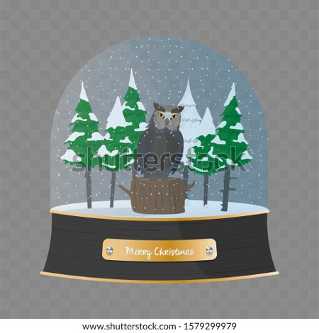 Merry Christmas glass ball with an owl and Christmas trees in the snow. Snow globe vector