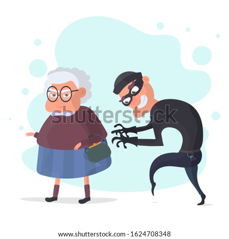 Thief and Senior Woman. The thief stole a handbag from an old woman. The concept of fraud, robbery. Cartoon flat vector illustration.