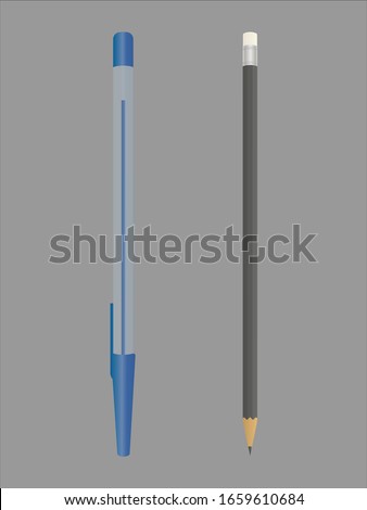 Realistic blue pen. Black pencil with eraser on the end. Vector illustration.
