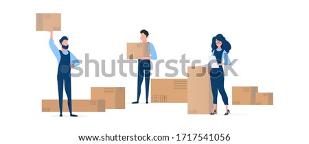 People with boxes. Movers are holding cardboard boxes. The girl with the list in her hands. Design element on the subject of delivery and moving. Isolated. Vector.