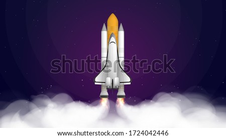 Space trip. Purple banner on the theme of space flight. Space shuttle. Fighter. Rocket Carrier is taking off. Vector.