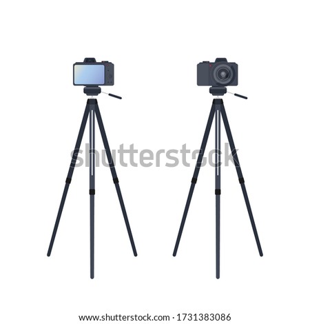 Camera on a tripod isolated on a white background. The camera is mounted on a tripod front and rear view. Vector.