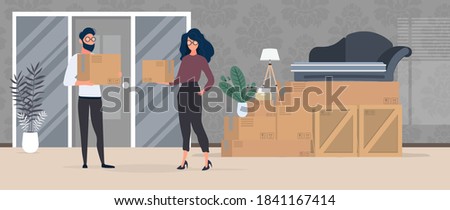 The family is moving. Moving home. The guy and the girl are holding boxes. Vector.