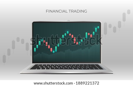 Financial trading banner. A laptop displaying stock market quotes. Investment trading in the stock market. Vector illustration.