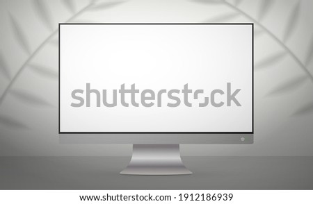 Monitor with a white screen in a light studio. White studio background space with shadows and shelf. Vector. Realistic style.