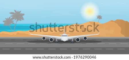 Airplane on the runway against the backdrop of the ocean. Vector.