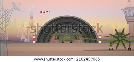Airport with military aircraft, take-off strip and flight control point. Cartoon style.