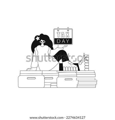 Girl on pile of papers holding calendar it's Tax Day. Vector art in linear design.