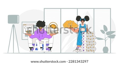 Guy and girl AI team in trendy style, vector illustration.