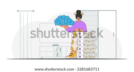 Girl with an AIpowered brain, fashionable look, vector artwork.