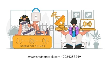Guy and girl join forces in the IoT realm, in vector modern symbolism.